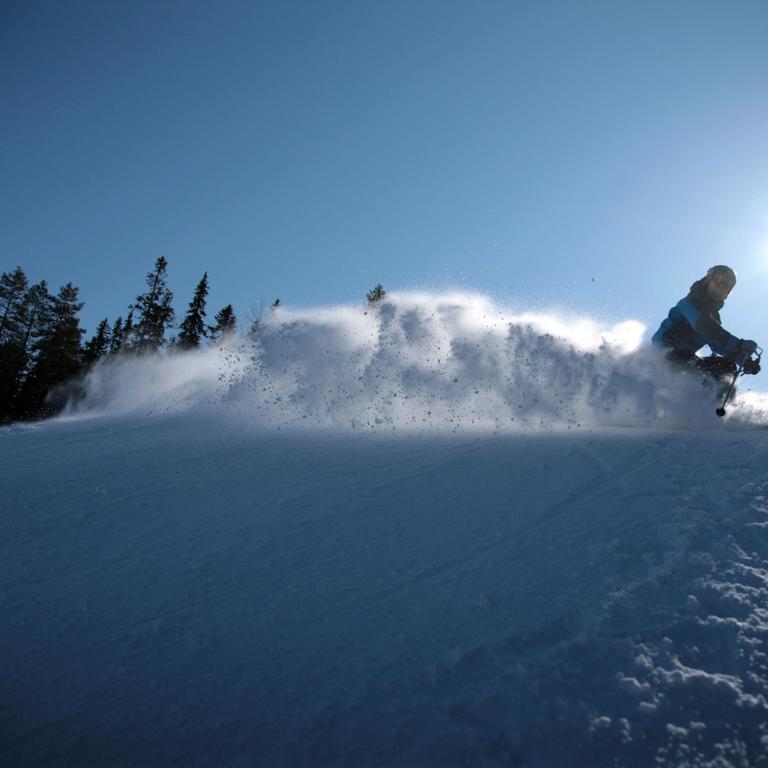 the skier brakes and the snow is dusted